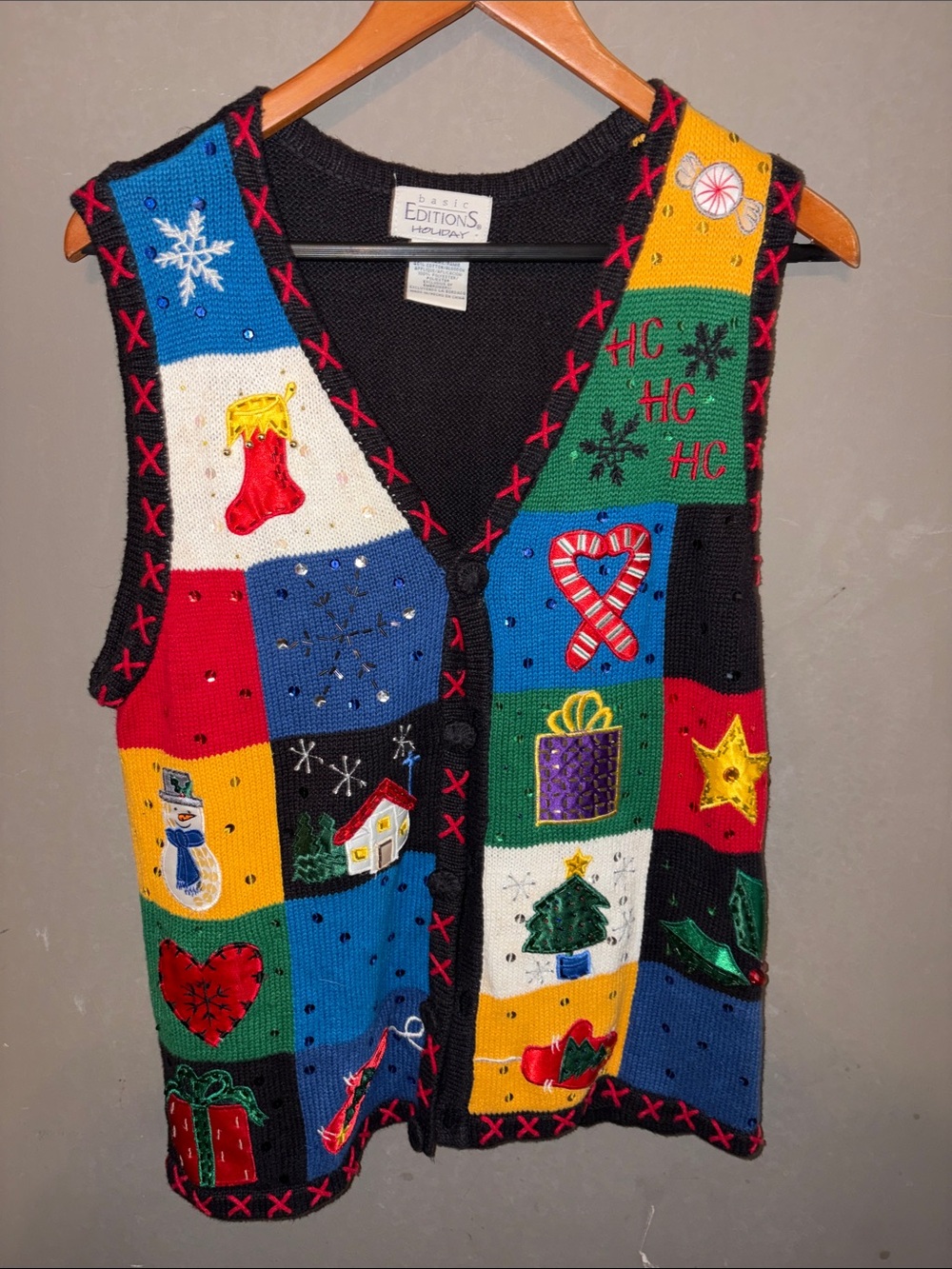 Basic Editions Multicolor Holiday Patchwork Sweater Vest